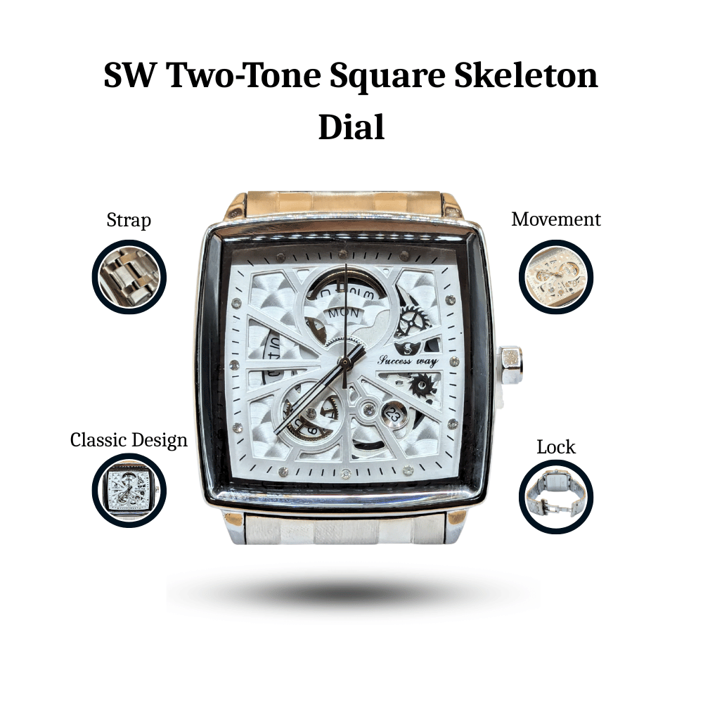 SW Two-Tone Square Skeleton Dial Watch