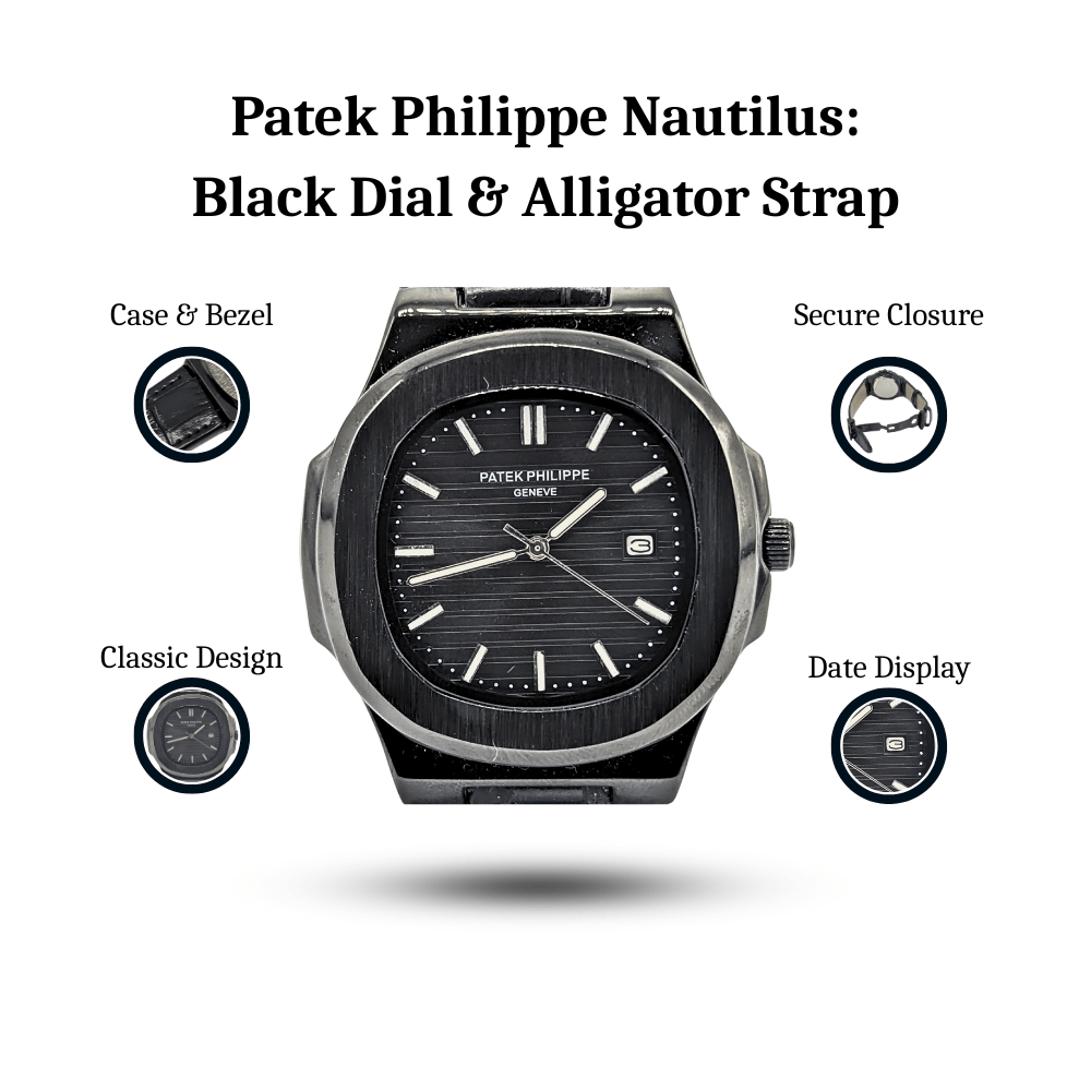 Patek Philippe Nautilus: Black Dial & Alligator Strap – Timeless Elegance