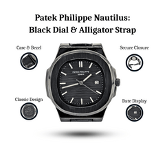 Patek Philippe Nautilus: Black Dial & Alligator Strap – Timeless Elegance