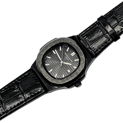 Patek Philippe Nautilus: Black Dial & Alligator Strap – Timeless Elegance