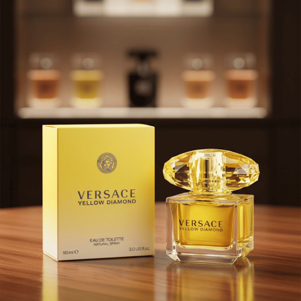 Versace Yellow Diamond perfume bottle and packaging on a wooden surface with blurred shelves in the background.